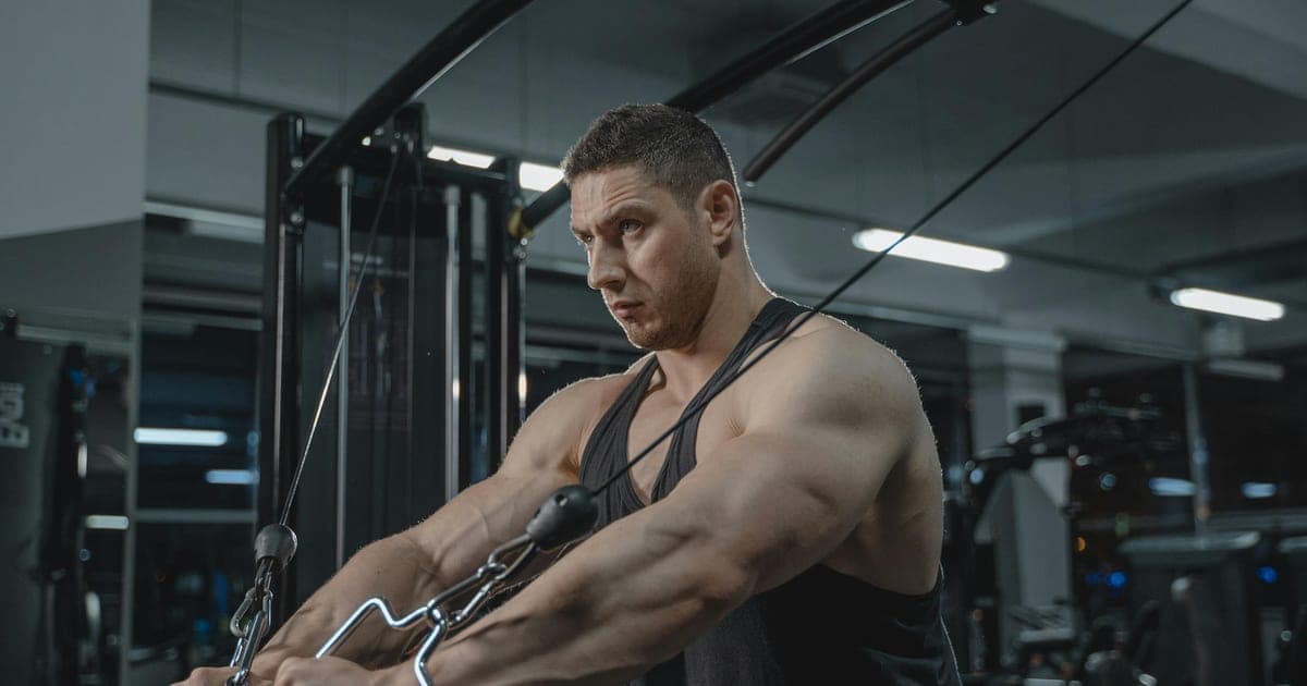 Person performing overhead cable triceps extension showing the stretched long head position discussed in research