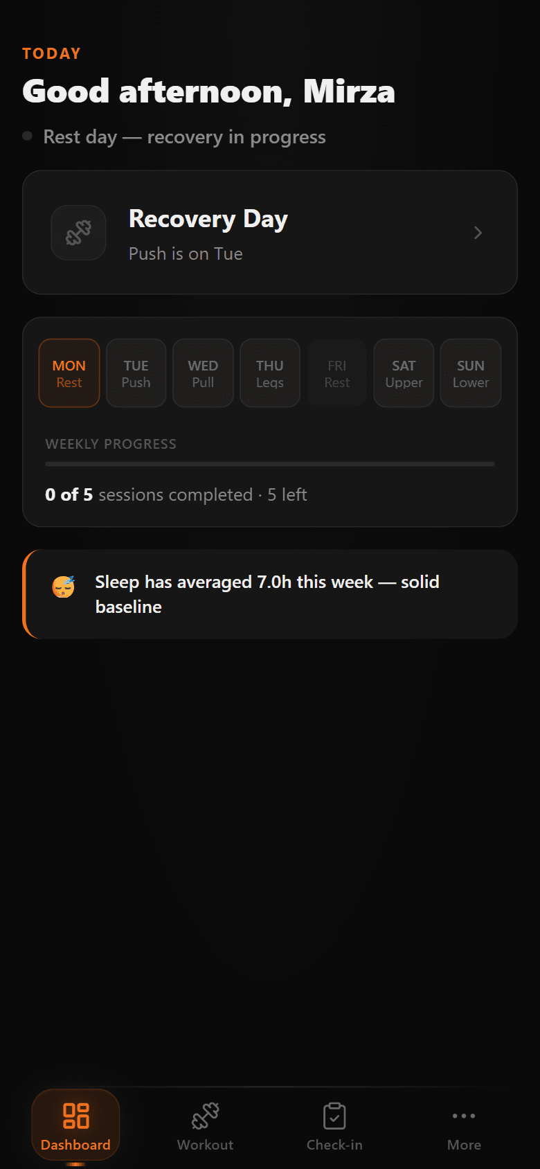 Be Fit adaptive training dashboard showing weekly schedule