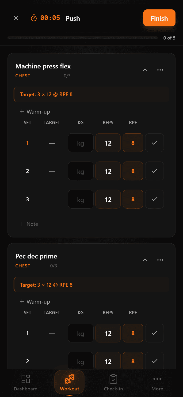 Active workout session with exercise targets, set logging, and live timer