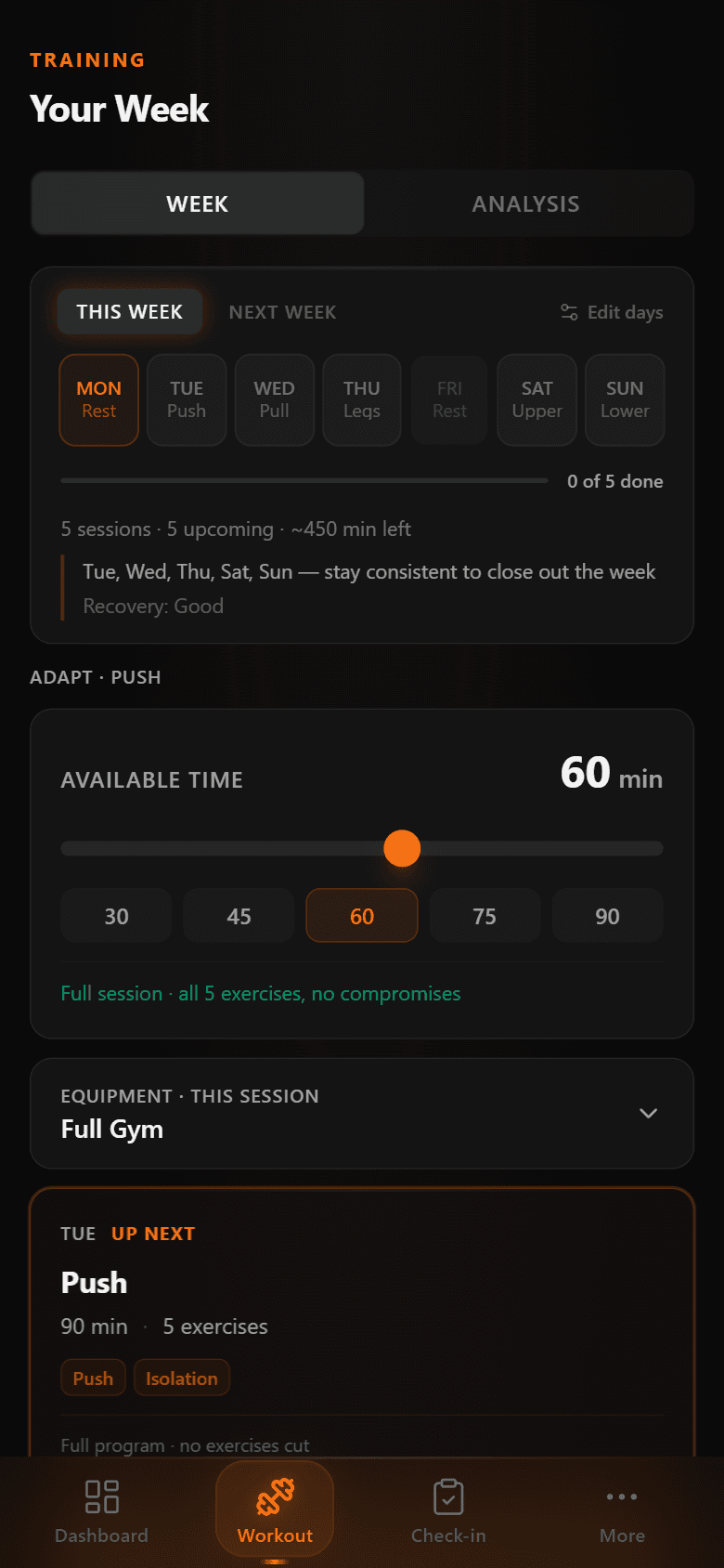 Weekly training view with schedule control, time slider, and session cards