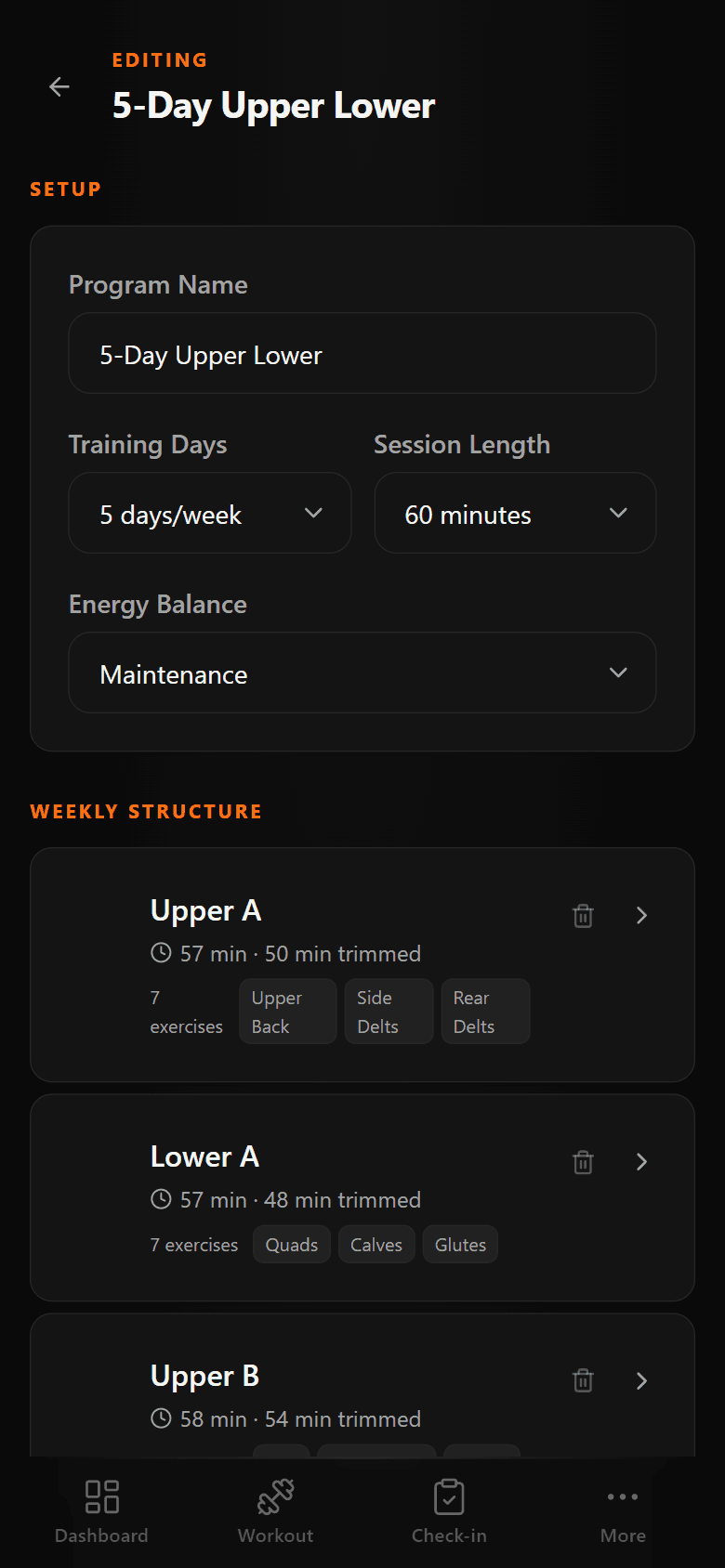Generated 5-Day Upper Lower program with weekly workout structure