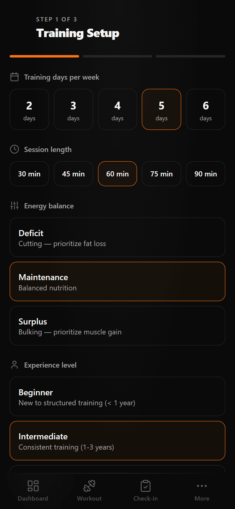 Builder wizard showing training days, session length, energy balance, and experience level