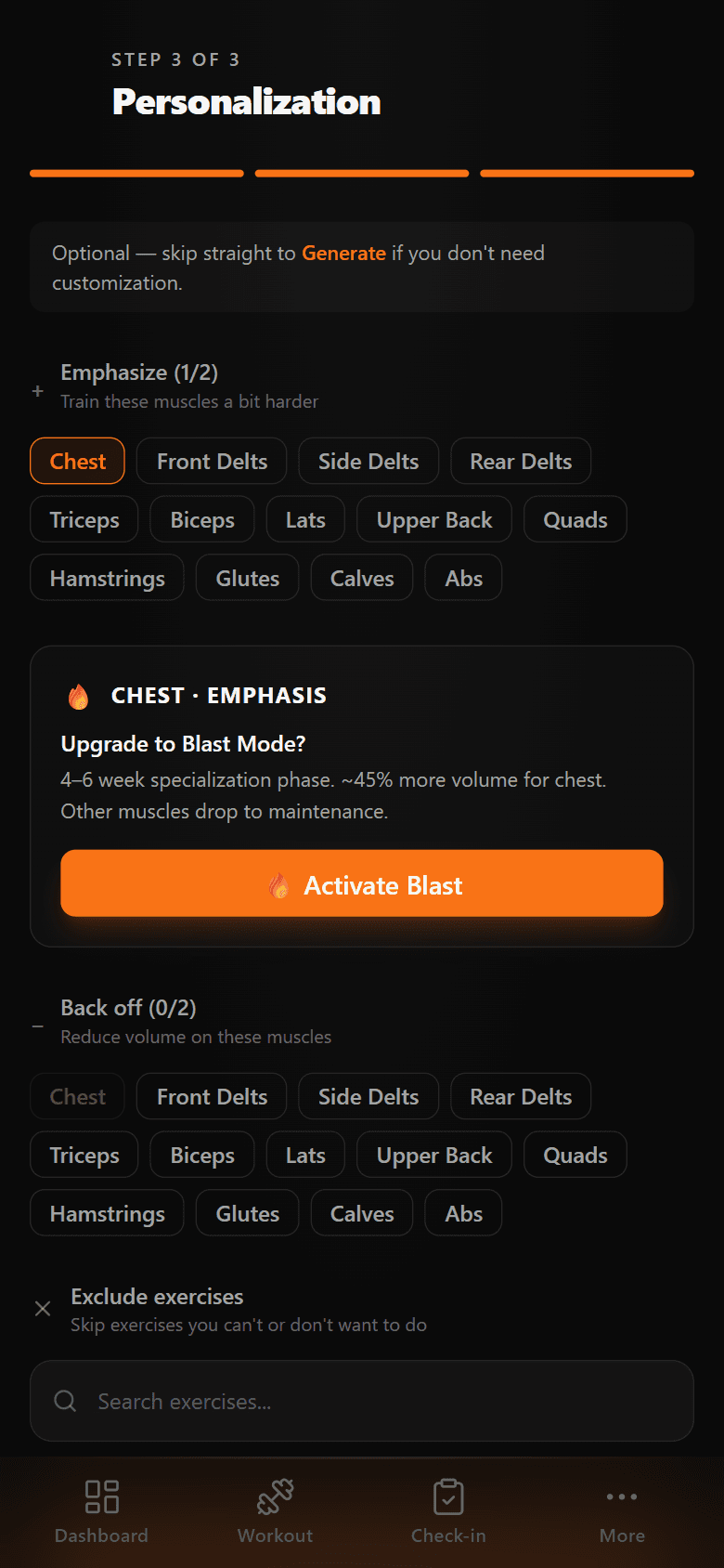 Personalization screen with muscle emphasis, blast mode, and exercise exclusions