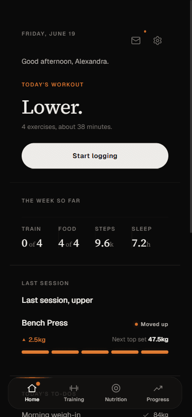 Client home dashboard showing the current phase, adherence, a coach note, and today's actions
