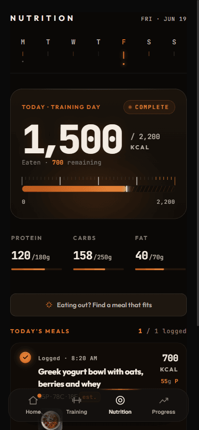 Client nutrition screen showing the training day target, macro rings, and a logged meal with macros