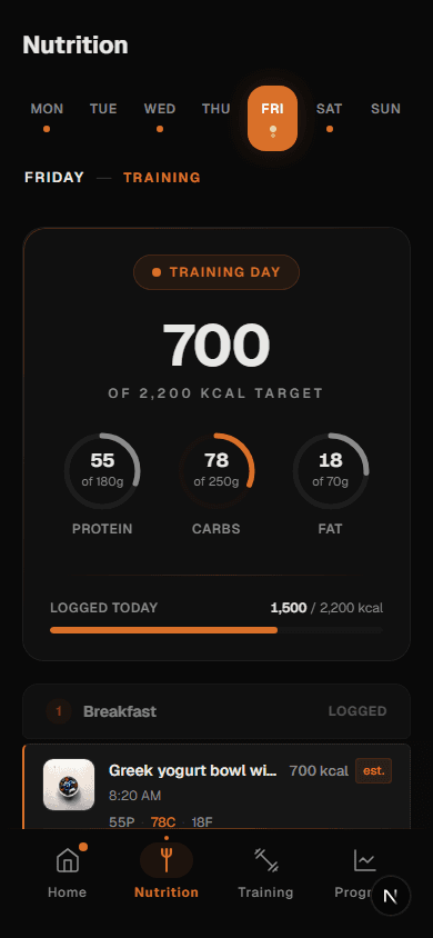 Client nutrition screen showing the training day target, macro rings, and a logged meal with macros