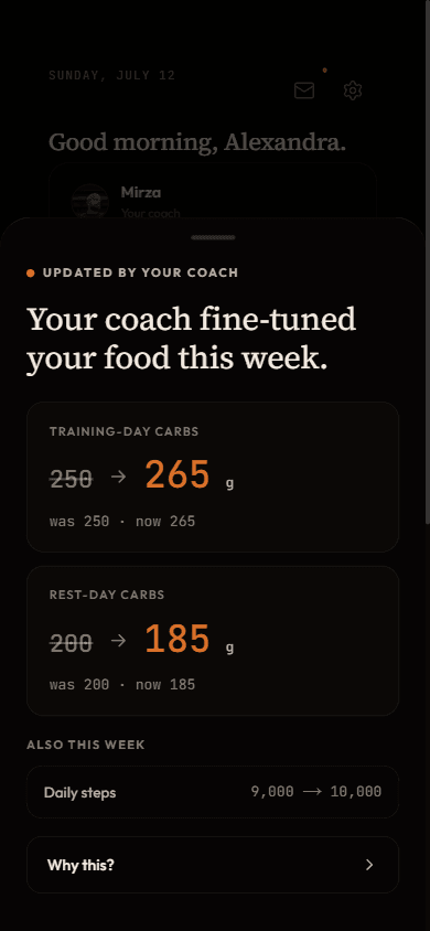 Plan change sheet showing training day carbs moving from 250 to 265 grams and rest day carbs from 200 to 185, with a Why this button