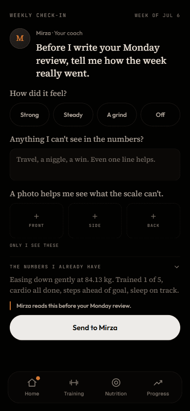 Weekly check-in screen asking how the week felt, with space for the client's own words and private photos