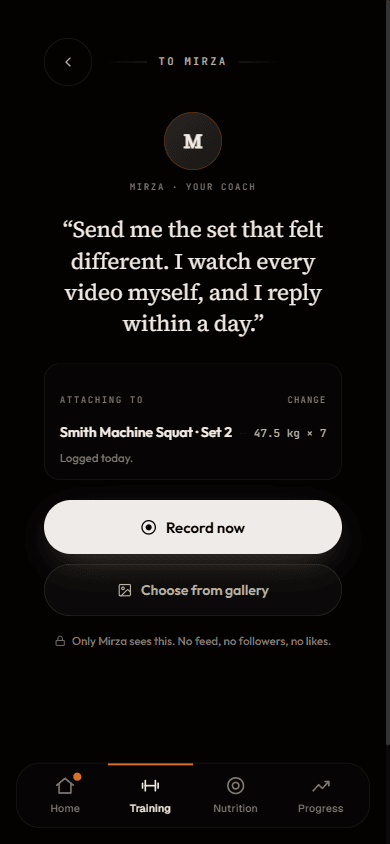 Form check screen addressed to the coach, attaching the squat set just logged, with record and gallery buttons