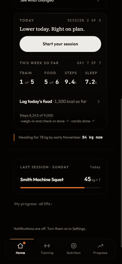 Client home screen showing the week so far, the day's quiet checklist, and the goal line