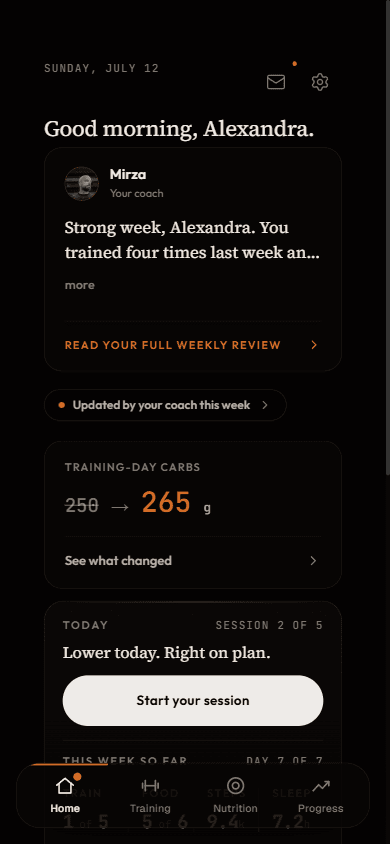 The client home screen this morning: a note from the coach, a carbs change card, and today's session ready to start