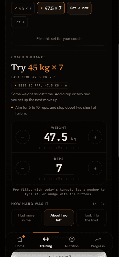 The workout logger mid set, with coach guidance, pre filled weight and reps steppers, and effort described in plain words