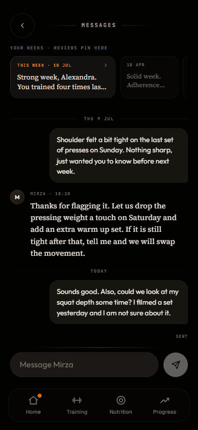 Messages screen with weekly reviews pinned on top and a conversation between client and coach below