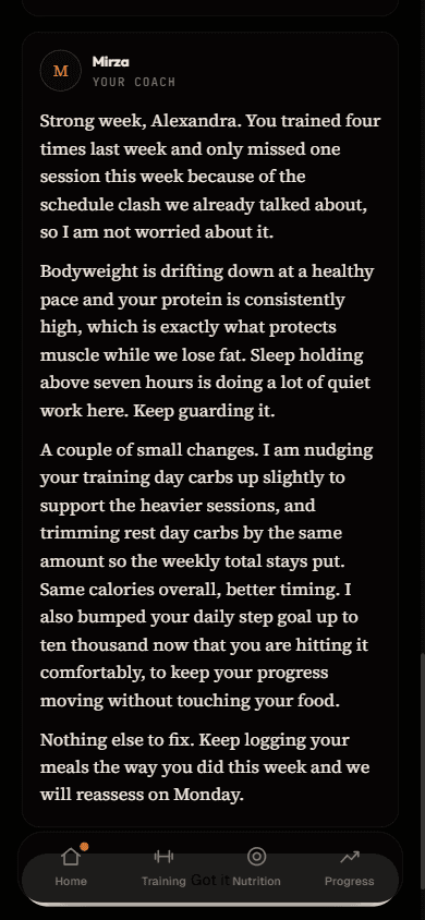 Weekly review screen with several written paragraphs from the coach about the client's week