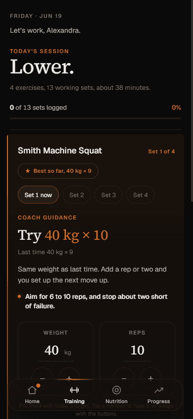 Client training screen showing today's session with exercises, sets, reps and RPE targets
