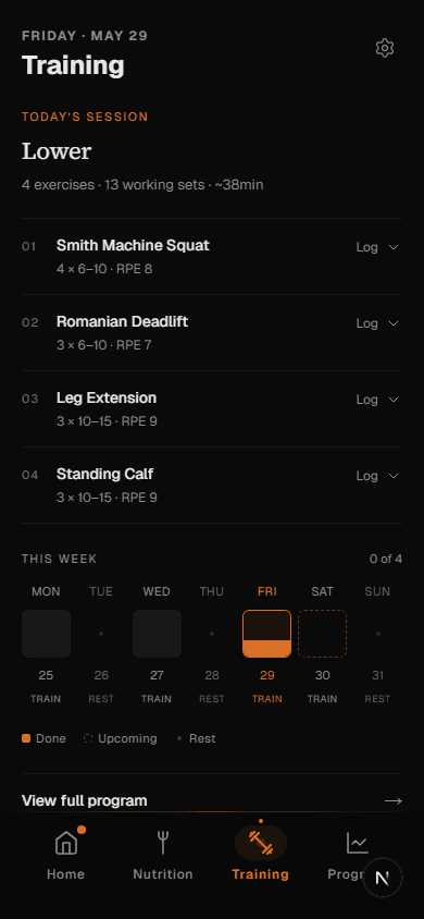 Client training screen showing today's session with exercises, sets, reps and RPE targets