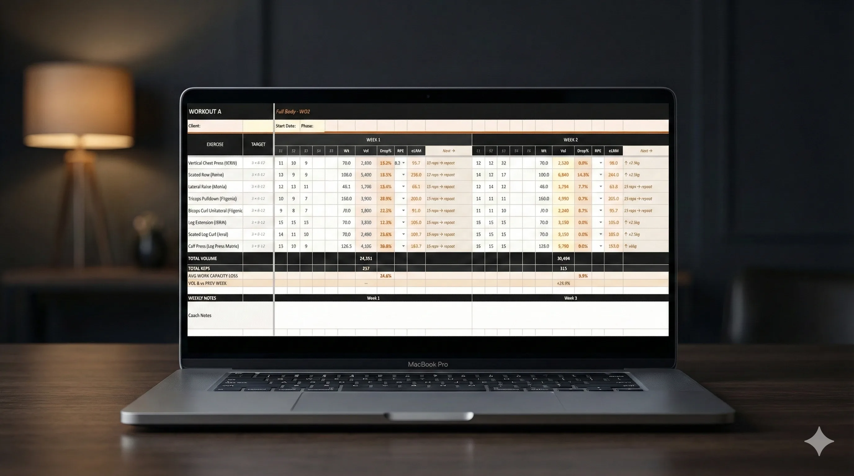Workout log showing Drop %, RPE, e1RM, and Next → columns